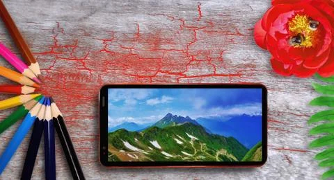 Concept of art design and computer graphics: cracked wooden desk filled in re Stock Photos