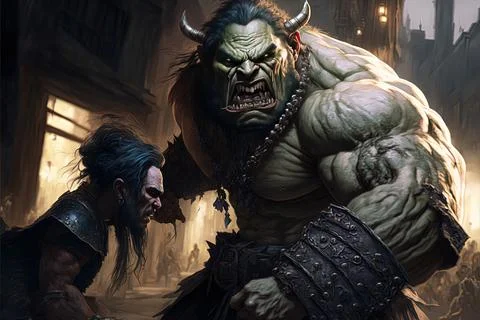 Concept art of a giant warlock orc fighting against a human soldier Stock Illustration