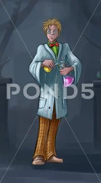Concept Art Sci-fi Illustration of Mad Scientist Working in Laboratory Stock Illustration