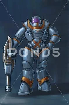Concept Art Science Fiction Illustration of Futuristic Soldier Character in Stock Illustration