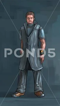 Concept Art Science Fiction Illustration of Man in Futuristic Clothing Design Stock Illustration