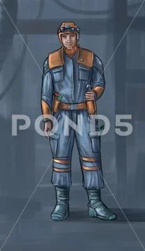 Concept Art Science Fiction Illustration of Technician Wearing Working Suit or Stock Illustration