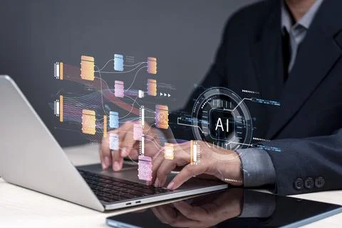 Concept artificial intelligence and machine learning. A man using a portabl.. 스톡 사진