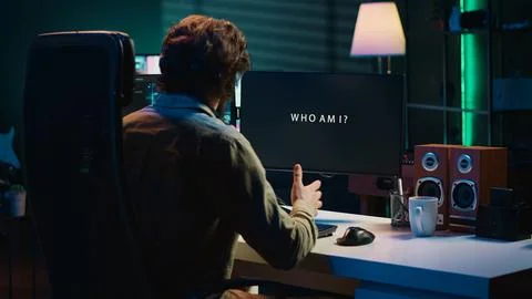 Concept of artificial intelligence becoming self aware, greeting man Stock Photos