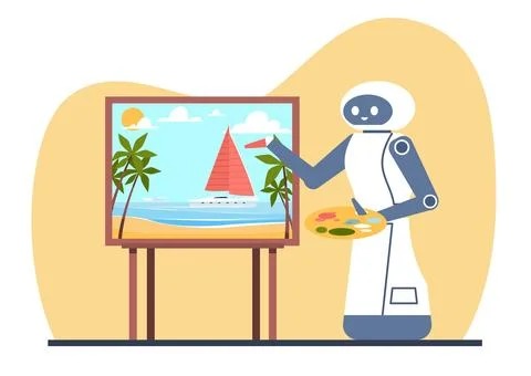 Concept of artificial intelligence creating paintings, robot painting picture Stock Illustration