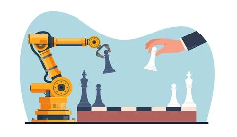 Concept of artificial intelligence, robot and human playing chess. Future Stock Illustration