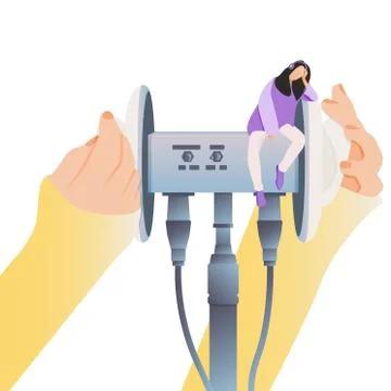 Concept of ASMR. Hands are touching sensors, triggers and girl listens. For Stock Illustration