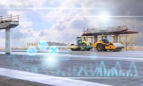 The concept of asphalt paving of a road using a road roller and the applicati Stock Photos
