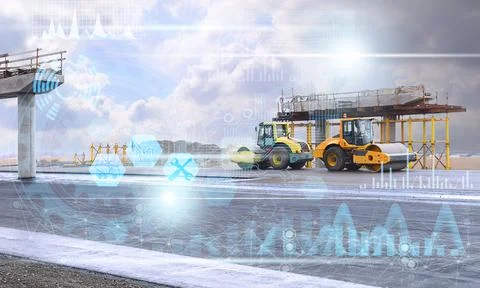 The concept of asphalt paving of a road using a road roller and the applicati Stock Photos