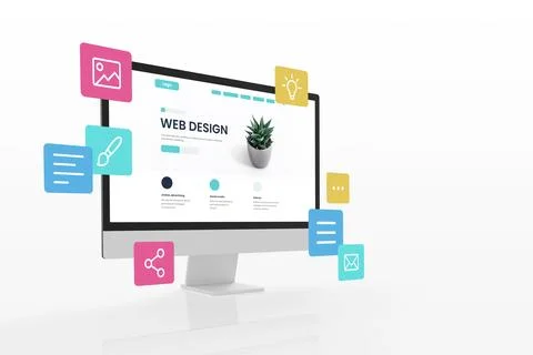 Concept of assembling a web page from modules that fly around the display. Th Stock Illustration