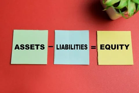 Concept of assets liabilities and equity write on sticky notes Stock Photos