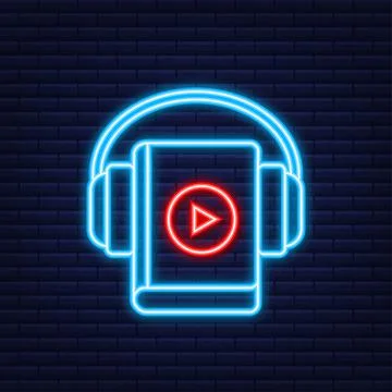 Concept audio book for web page, banner, social media. Neon style. Vector Illustrazione stock
