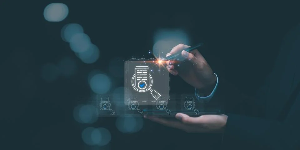 Concept of auditing and evaluating quality and efficiency of personnel ,bus.. Stock Photos