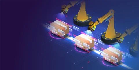 The concept of automatic logistics management. Cardboard box. Futuristic Stock Illustration