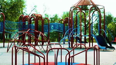 Concept to avoid public playgrounds by kids during the Covid-19 스톡 동영상 197307443