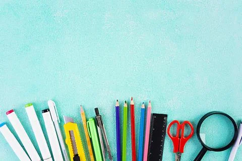 Concept back to school. Different supplies for sketch. School accessories. Stock Photos