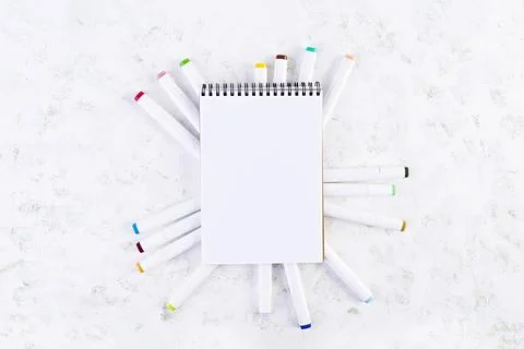 Concept back to school. Different supplies for sketch. School accessories. Stock Photos