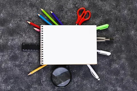 Concept back to school. Different supplies for sketch. School accessories. Stock Photos