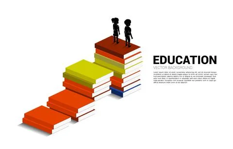 Concept background for power of knowledge. Silhouette of kid standing on stac Stock Illustration