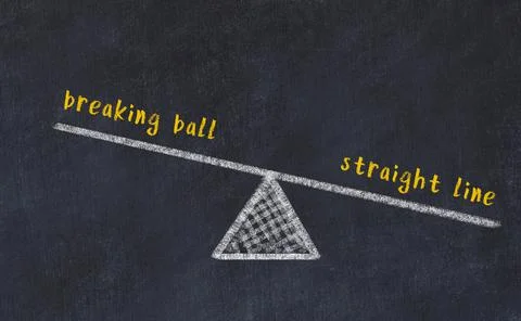 Concept of balance between breaking ball and straight line. Black chalboard w Stock Photos