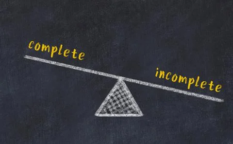 Concept of balance between complete and incomplete. Black chalboard with sket Stock Photos