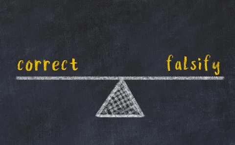 Concept of balance between correct and falsify. Black chalboard with sketch o Foto stock