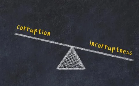 Concept of balance between corruption and incorruptness. Black chalboard with Foto stock