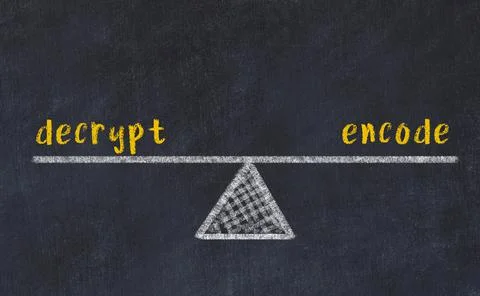 Concept of balance between decrypt and encode. Black chalboard with sketch of Foto stock