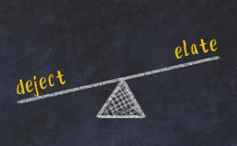 Concept of balance between deject and elate. Black chalboard with sketch of s Foto stock