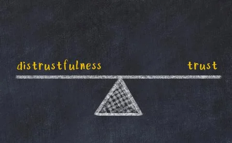 Concept of balance between distrustfulness and trust. Black chalboard with sk Foto stock