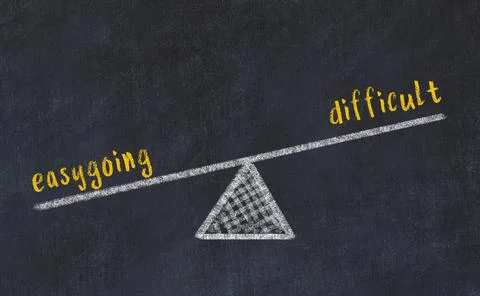Concept of balance between easygoing and difficult. Black chalboard with sket Foto stock