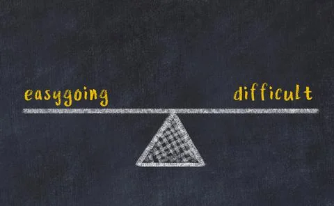 Concept of balance between easygoing and difficult. Black chalboard with sket 스톡 사진