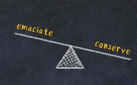 Concept of balance between emaciate and conserve. Black chalboard with sketch Foto stock