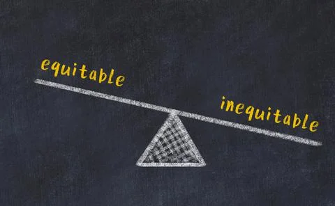 Concept of balance between equitable and inequitable. Black chalboard with sk Foto stock