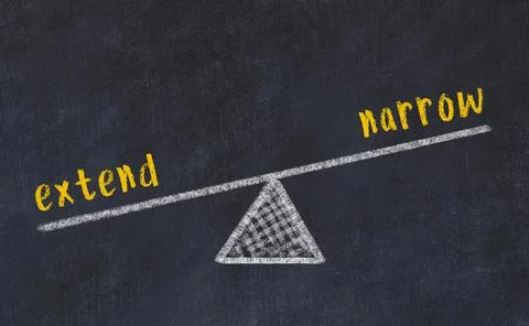 Concept of balance between extend and narrow. Black chalboard with sketch of  Foto stock