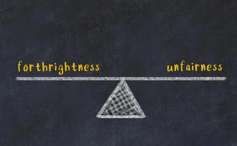 Concept of balance between forthrightness and unfairness. Chalk scales and wo 스톡 사진