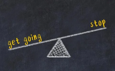 Concept of balance between get going and stop. Black chalboard with sketch of Stock Photos