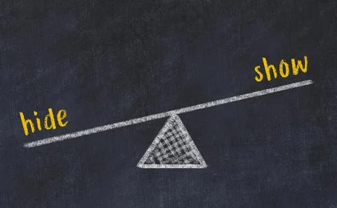 Concept of balance between hide and show. Black chalboard with sketch of scal Stock Photos