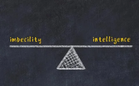 Concept of balance between imbecility and intelligence. Black chalboard with  Foto stock