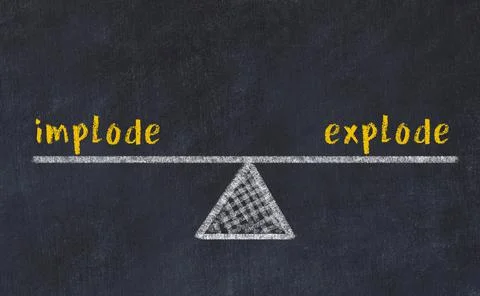 Concept of balance between implode and explode. Black chalboard with sketch o Stock Photos