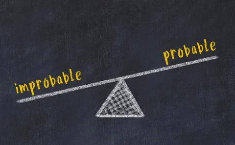 Concept of balance between improbable and probable. Black chalboard with sket Stock Photos