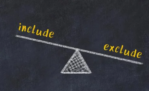 Concept of balance between include and exclude. Black chalboard with sketch o Foto stock
