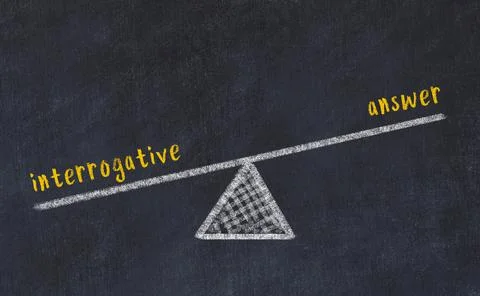 Concept of balance between interrogative and answer. Black chalboard with ske 스톡 사진