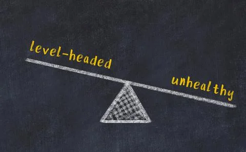 Concept of balance between level-headed and unhealthy. Black chalboard with s Stock Photos