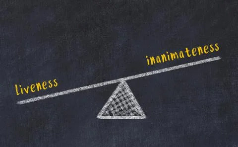 Concept of balance between liveness and inanimateness. Black chalboard with s Foto stock