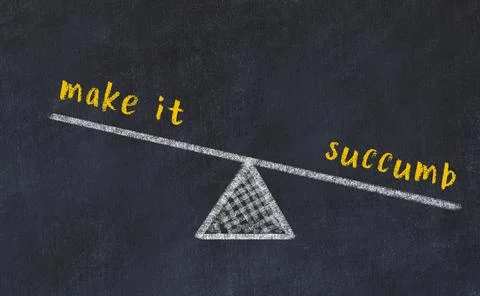 Concept of balance between make it and succumb. Black chalboard with sketch o Foto stock