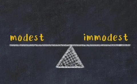 Concept of balance between modest and immodest. Black chalboard with sketch o Foto stock