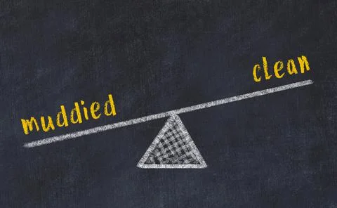 Concept of balance between muddied and clean. Black chalboard with sketch of  Stock Photos