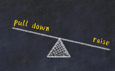 Concept of balance between pull down and raise. Black chalboard with sketch o Foto stock