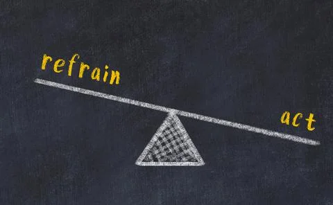 Concept of balance between refrain and act. Black chalboard with sketch of sc Ilustración de archivo